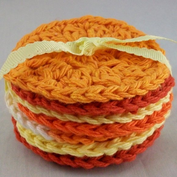 Handmade Crochet Yellow Orange Reusable Cotton Face Scrubbies Set of 7 - Picture 2 of 3
